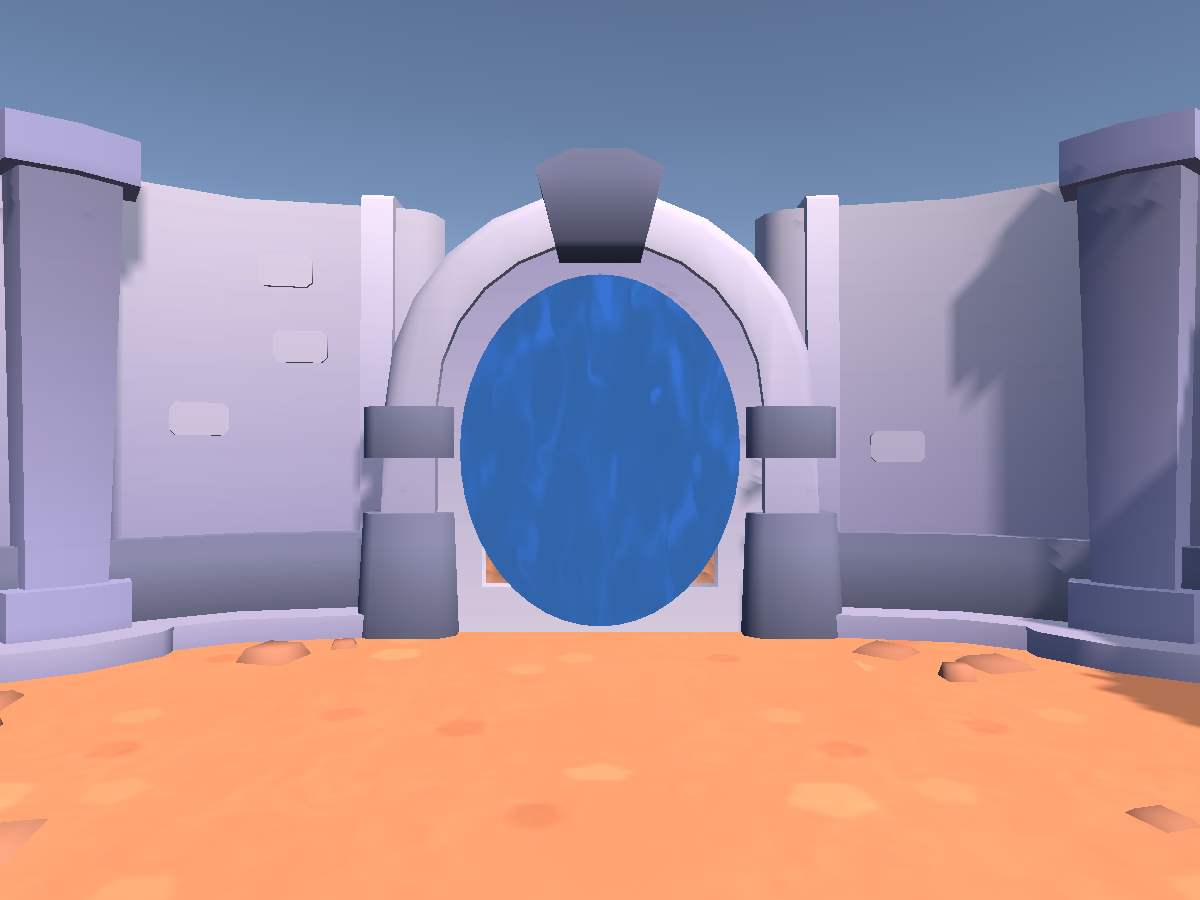 Arriving in the hub through the portal, with the sky behind it: the skybox this section is about.