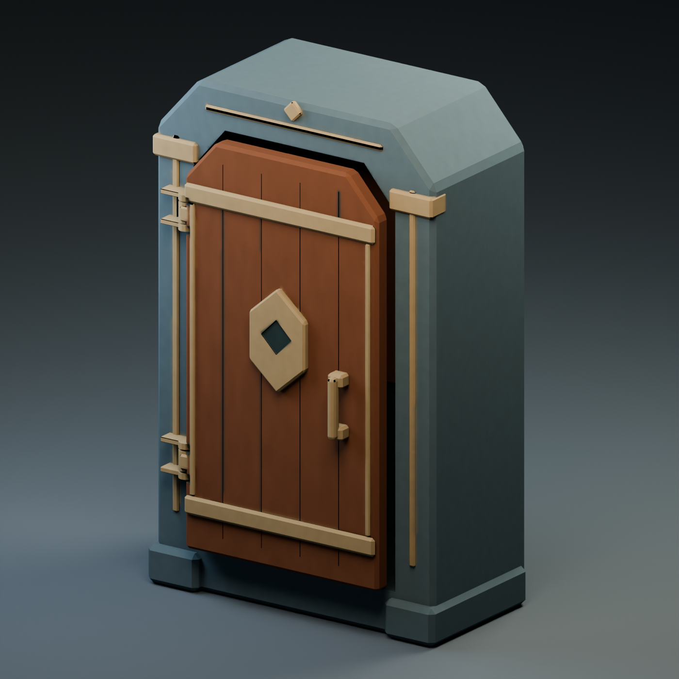 The vault after the re-bake: the trim muted to tan. In the game the shine stayed.