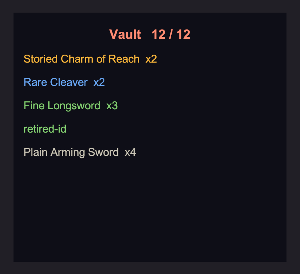 The vault panel listing banked items against a 12-slot limit.