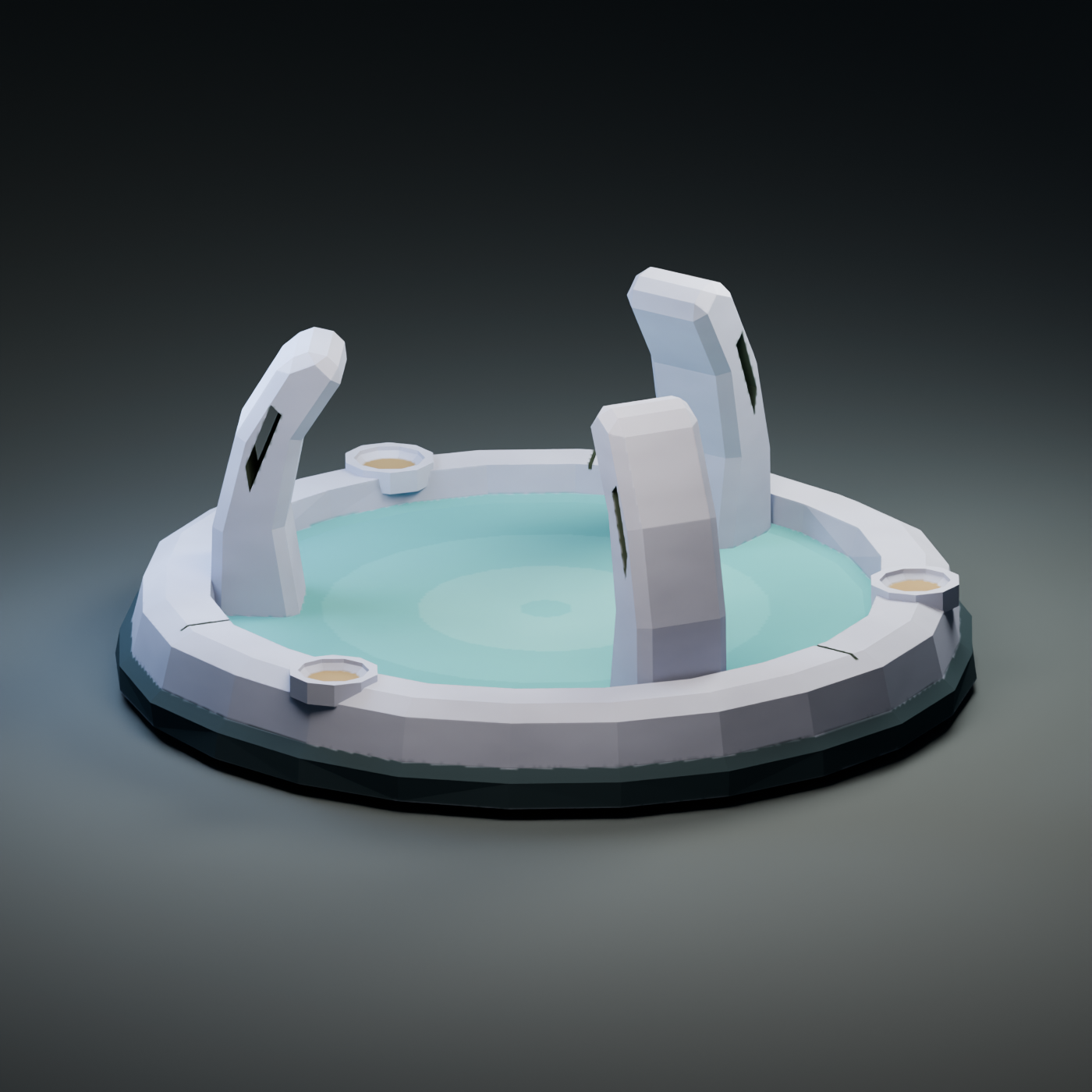 The shrine as delivered: pale stone and teal water, before a copied _BaseColor of 0.13 rendered it black.