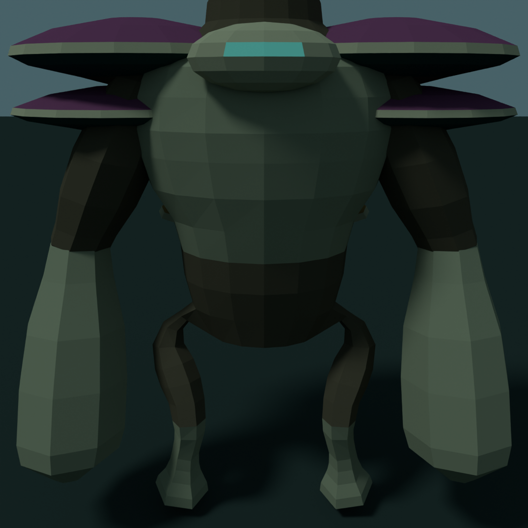 Shelfback in Astra's render, standing, seen from two meters: a broad barrel body with four purple shelf caps at the shoulders, two arms that reach the ground, and two short thin legs underneath.