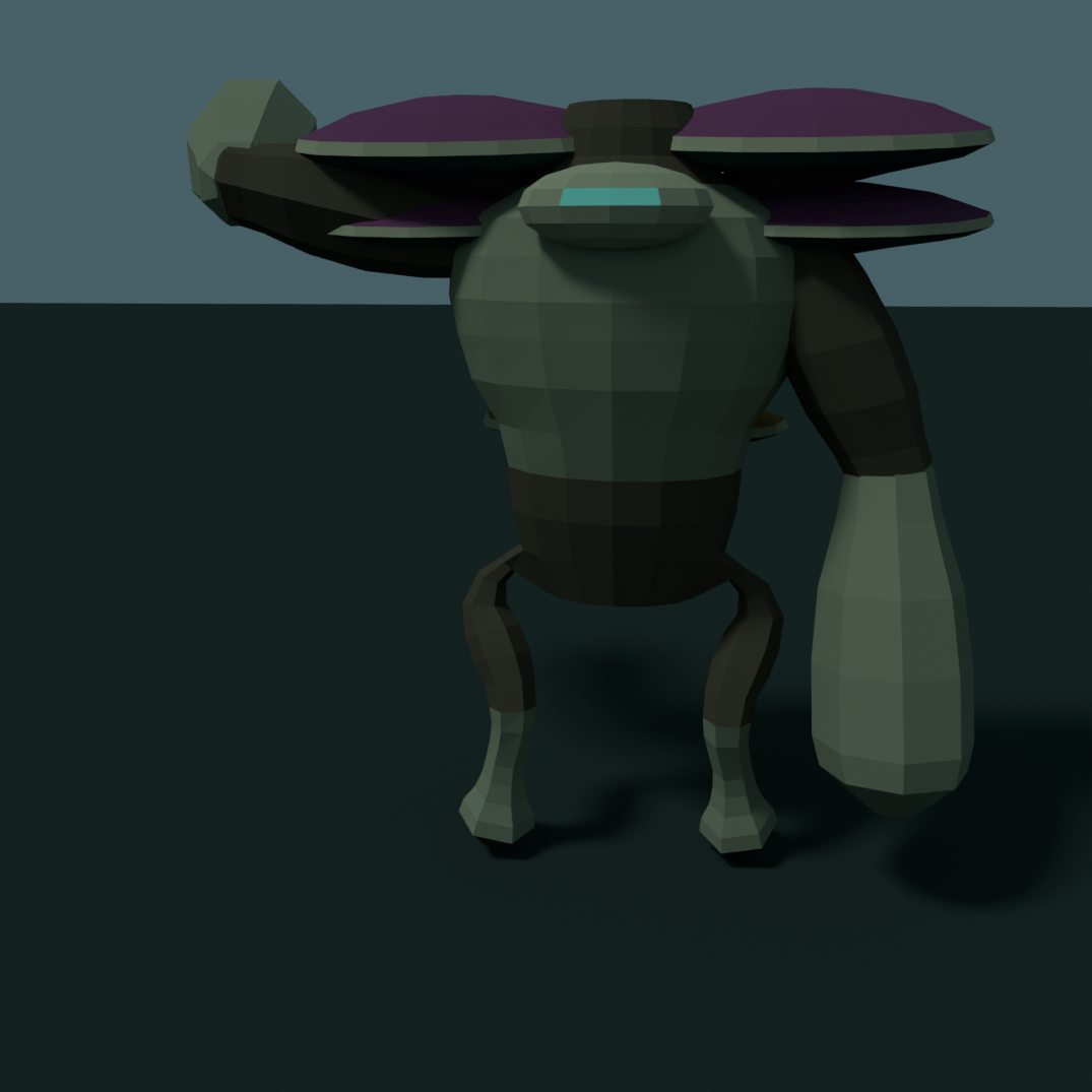 Shelfback in Astra's render at the end of its wind-up, one second into the attack: the right arm drawn all the way back above the shoulder caps.